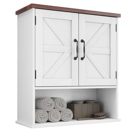 Mino Kesper Bathroom Wall Cabinet with Barn Doors, Wall Mounted Bathroom Cabinet, Farmhouse Style, Adjustable Shelf, Wall Mounted Medicine Cabinets, White