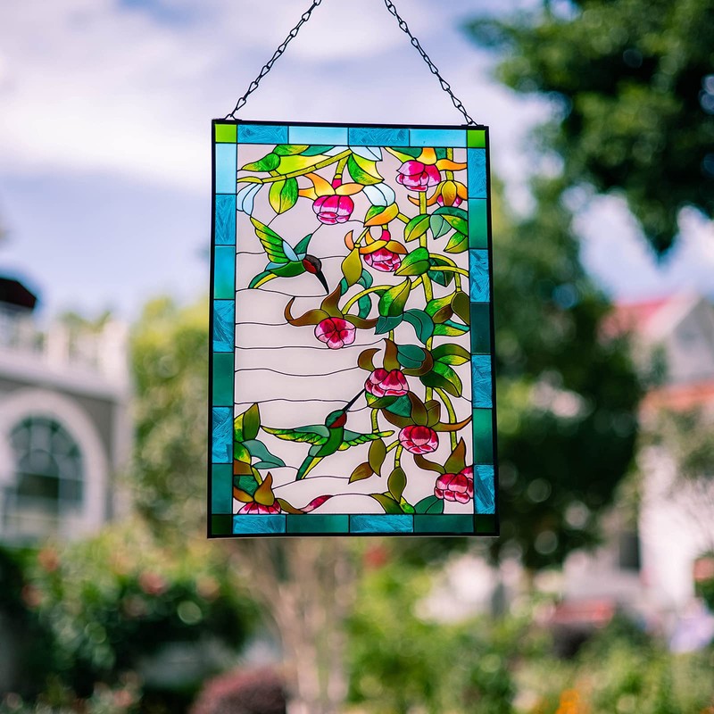 VEWOGARDEN W10xH15 inch Hummingbird Stained Glass Window Hangings, Suncatcher Panel