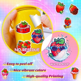 Stickers for Red Strawberry Water Bottle|50 PCS Strawberry Vinyl Waterproof Sticker for Water Bottle Laptop Skateboard Phone Car Decals Gifts for Kids Teens Adults for Party Favors Supplies Decor
