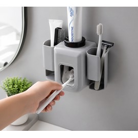 Wall-mounted Toothpaste Squeezer with Toothbrush Holder - Punch-free Installation for Organized Bathroom Storage (Gray)