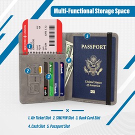 Fiohiros Passport Holder for Women and Men, Premium Leather RFID Blocking Passport Wallet, Passport Cover Travel Essentials for ID & Credit Cards, Perfect for Plane Trips, Journeys (Grey)