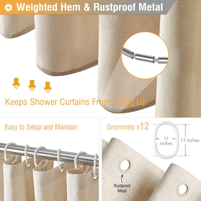 BTTN Extra Long Fabric Shower Curtain, 96 Inch Linen Textured
