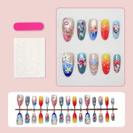 Handmade Press on Nails Medium Almond Fake Nails with 5D Starfish Shell Design Summer Ombre Blue False Nails Ocean Beach Glue on Nails Glossy Pearl Flower Glitter Nails for Women Girls Manicure 30Pcs