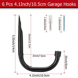 Garage Storage Hooks, 6 Pcs Heavy Duty J Hooks, Wall Mount Steel Organizer for Garden Tools, Bags, Hoses, Ladder, Sports Equipment