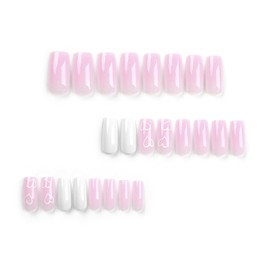 DOCVOEOMH Valentines Press on Nails Medium Long Square Cute Pink White Fake Nails with Simple Heart Design Valentine Full Cover Glue ons Artificial False Stick on Acrylic Nail for Women 24PCS