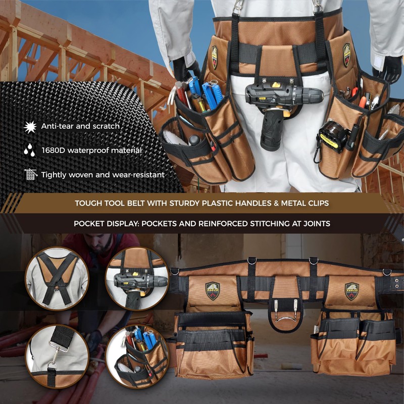 ZAKCO Professional 1680D Polyester Tool Belt with Suspender, Strudy Tool