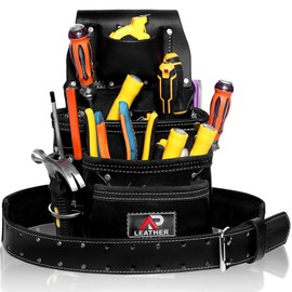 Ap Leather Pro-015 Leather Tool Pouch for Construction,Heavy Duty Hammer Holder,Buckle,3 Pocket Large with Belt, 12 Small Pocket, Tool Organizer