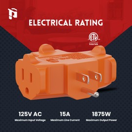 PLUGTUL 3 Way Plug Adapter, 3 Plug Wall Adapter, 3 Prong, Grounded, 15A, 1875W, Multiple Plug Expander for Home, Outdoor, ETL Listed, Orange, 3PACK