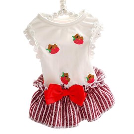 LAMZIK Pet Clothes, Dress For Small & Medium Dogs, For Cats, Spring, Summer, Autumn, Cute, Bowtie, Strawberries, Striped, Breathable, Sleeveless, Cotton, Prevents Fur Shedding