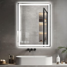 Memobarco Bathroom Mirror, 28"x 36" Vanity Mirror with Lights, LED Mirrors with Anti-Fog, Stepless 3 Colors Temperature & Dimmable, Memory Tempered Glass Bathroom Mirrors for Over Sink