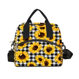 TropicalLife Sunflower Lunch Bag for Women Black White Checkered Freezable Lunch Box Organizer for Work Picnic