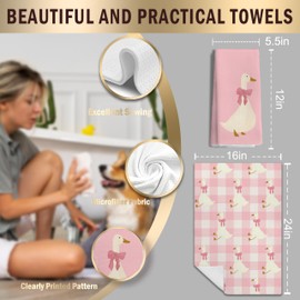 LUKIPOM Coquette Pink Bow Plaid Goose Kitchen Towels Set of 2, Preppy Pink Checkered Dish Tea Towels for Kitchen Decor, Girly Aesthetic Goose Hand Towels for Bathroom Decor, 16x24 Inches