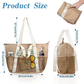 SHAIDOJIO Mesh Beach Bag, Large Waterproof Beach Bag with Zipper, Khaki Beach Bags for Women, Foldable Lightweight Mesh Holiday Handbag, Family Pool Bag for Beach Swim Travel Holiday Picnic Gym