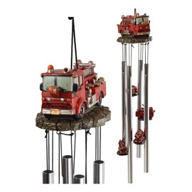 Ebros Gift Decorative Red Fire Engine Truck Model Resonant Relaxing Wind Chime Patio Garden Accent of Fire Fighters Hydrants 911 Emergency Civil Service