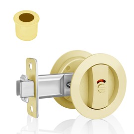 KIDOACOW Round Pocket Door Lock and Edge Pull, Privacy Pocket Door Latch with Color Coded Indicators, Brushed Gold Flush Pocket Door Hardware Fits 1-1/4" ~ 2-1/5" Door Thickness, 2-3/8" Backset
