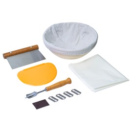 Sourdough Bread Baking Tool Kit Sourdough Starter Kit with Banneton Bread Proofing Basket Linen Liner Dough Scraper Bread Lame And 5 Blades Baking Supplies Housewarming Gifts– 9"D x 3.4"W x 9"H