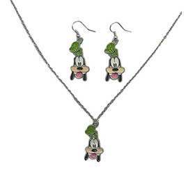 Classic Cartoon Silly Dog Character Face Charm Pendant Necklace And Earrings Set