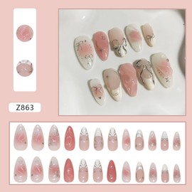 24Pcs Pink Press on Nails Medium Almond Fake Nails 3D Silver Cute Bow Heart Star Glitter Design Full Cover Glue on Nails Artificial Handmade Nails White French Tip False Nails for Women Acrylic Nails