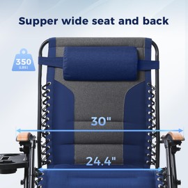 MAISON ARTS Oversized XXL Padded Zero Gravity Lounge Chair 30" Wide Seat Anti Gravity Lawn Chair Foldable Recliner Outdoor Camp Chair for Poolside Backyard Beach, Support 400LBS, Blue & Grey