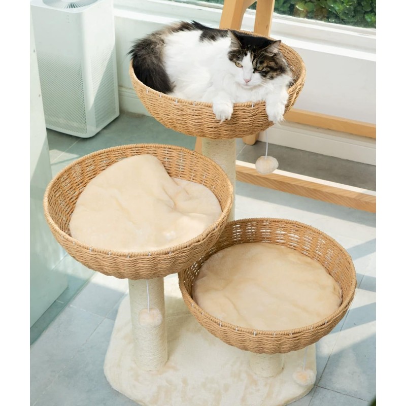 SHENGOCASE Cat Tree Tower with Rattan Wicker Basket, 3 Handwoven