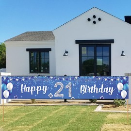 Happy 21st Birthday Banner Balloons Gift Crystal Glittery Stars Confetti Theme Decor Decorations for Men Women 21st Birthday Party Cheers to 21st Years Party Bday Supplies Silver and Blue Backdrop