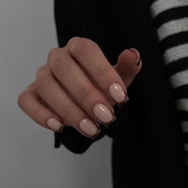 Uñas Postizas Francesas Marrones, De Presión - Uñas Cortas Cuadradas, Adhesivas Para Mujer - Acrílico Y Gel, Naturales, Gruesas Y Extra Cortas - 30 Un