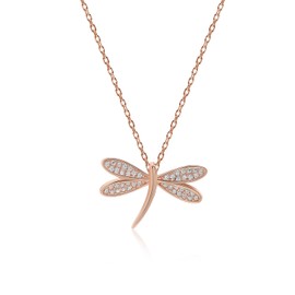 Libellen-Halskette aus Sterlingsilber, Libellen-Charm-Anhänger, Halskette, zierlicher Libellen-Schmuck, Käfer-Halskette, Cubic Zirkonia (Rose Gold)