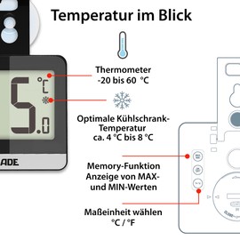 ADE Digitales Kühlschrankthermometer | Thermometer für Gefrierschrank und Kühlschrank magnetisch | Großes Display -20°C bis 60°C | Schwarz