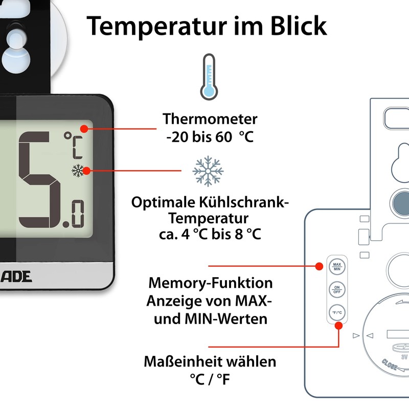 ADE Digitales Kühlschrankthermometer | Thermometer für Gefrierschrank und Kühlschrank magnetisch