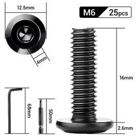 XRXYMQ Pack of 25 M6 Screws Black Stainless Steel Flat Head Screws Pan Head Screws M6 x 16 mm Stainless Steel A2 V2A Furniture Screws for Household Appliances Industrial Machines with Drill and Wrench