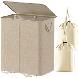 Lifewit Double Laundry Hamper with Lid and Removable Laundry Bags, Large Collapsible 2 Dividers Dirty Clothes Basket with Handles for Bedroom, Laundry Room, Closet, Bathroom, College, 155L Beige