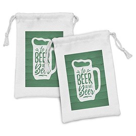Ambesonne Irish Pub Fabric Pouch Set of 2, Funny Shakespeare Beer Drinking Words Mug Silhouette on Wooden Backdrop, Small Drawstring Bag for Toiletries Masks and Favors, 9" x 6", Jade Green and White