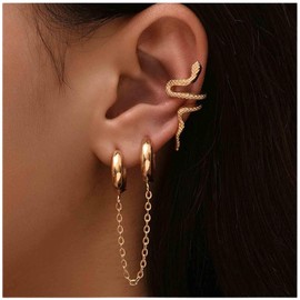 Cimenexe Punk Snake Ear Cuff Earrings Snake Wrap Earrings Gold Snake Ear Crawler Earrings Snake Climber Cartilage Earrings Tassel Chain Hoop Earrings Gold Hoop Chain Drop Earrings Set Jewelry