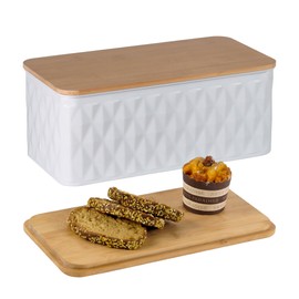 HOME PALETTE Large Bread Box for Kitchen Countertop Corner Breadbox for Homemade Bread Metal White Diamond Pattern Embossed Bread Storage Container Bin with Bamboo Lid