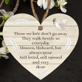 Memorial Plaque - Heart-Shaped Wooden Hanging Plaque - "Those We Love Don't Go Away" - Remembrance Gift with Dove & Feathers Design (Beige)