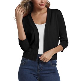 Women's 3/4 Sleeve Open Front Bolero Cardigan Shrug Solid Cardigan Top, black, s