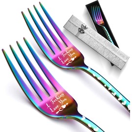 2Pcs Dinner Forks Funny Tableware Engraved with I Forking Love You, 8" Stainless Steel Forks Silverware Set, Birthday Valentine's Day Gift for Women Boyfriend Girlfriend Husband Wife (Rainbow)