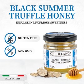 Black Truffle Honey - Gourmet Flavored Honey Infused with Black Summer Truffles Foraged in Italy, Luxurious All Natural Honey Truffle Sauce for Foodies, Non-GMO - Ori di Langa - 3.17 oz