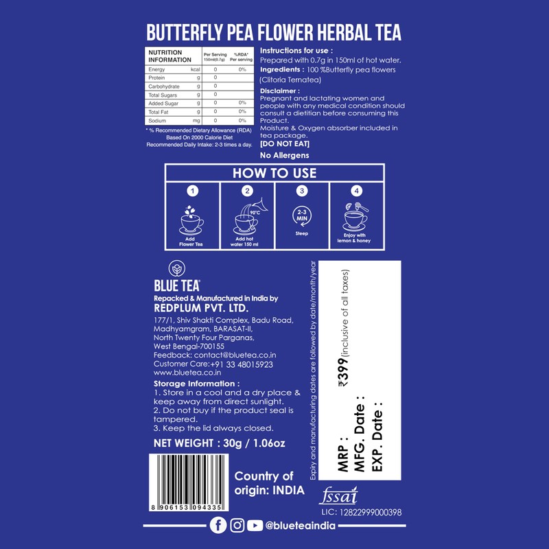 BLUE TEA - Butterfly Pea Flower Tea - 30 Count