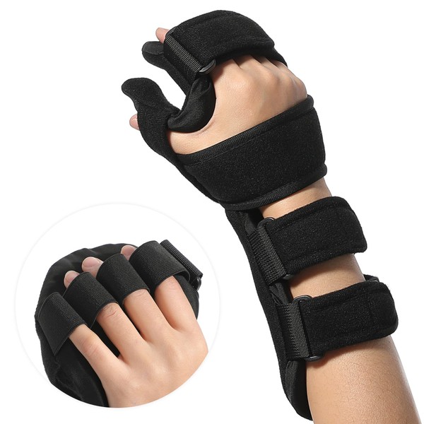 Fanwer Stroke Resting Hand Splint - Night Immobilizer Wrist Finger Brace for Flexion Contractures, Functional 5 Finger Stabilizer Wrap - for Muscle Atrophy Rehab, Arthritis, Tendonitis, Carpal Tunnel Pain (Right)