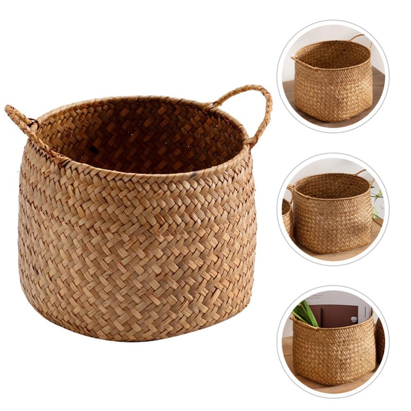 Kichvoe Rattan Storage Boxes With Handles - Cane Seagrass Plant