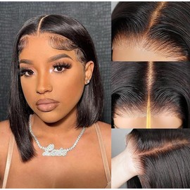 Wear and Go Glueless Bob Wig Human Hair Plucked Pre Cut 180% Density 5x5 HD Lace Closure Human Hair Bob Wigs for Black Women 10 Inch Short Straight Bob Wigs No Glue