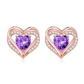 Iefil Earrings for Women, 925 Sterling Silver February Birthstone Purple Amethyst Heart Stud Earrings