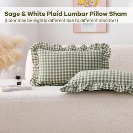 K MASANIJI 2 Pack Sage Green Plaid Ruffle Lumbar Pillow Shams 12x20 inches, Washed Cotton Gingham Checkered Farmhouse Zipper Closure Pillow Covers for Bed/Sofa (Lumbar, Sage Green/White Plaid)