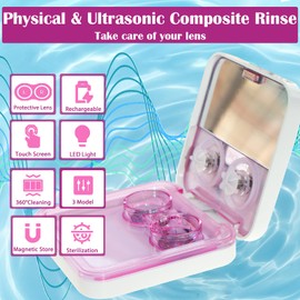Contact Lens Cleaner Machine EV Plus, Portable Physical Technology Deep Clean with LED Light Tweezer Soak Case Kit, Magnetic Cleaning Slot USB Charger for Long-Term Lens/Colored Lens/Soft Lens(Pink)