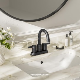 Phiestina 4 Inch 2 Handle Centerset Matte Black Lead-Free Modern Bathroom Faucet, 360 Swivel Spout 2-3 Hole RV Bathroom Vanity Sink Faucet with Pop Up Drain and Water Supply Lines,BF015-1-MB