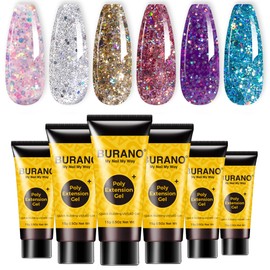 BURANO Poly Extension Gel Nail Kit, 6 Bottles Silver Purple Blue Pink Glitter Nail Poly Nails Gel Set for Nail Salon DIY Home Beginner Using