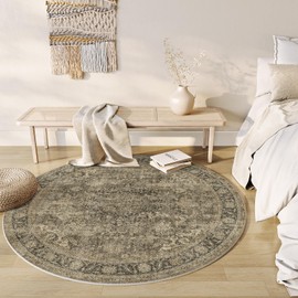WondRg 5x5 Washable Round Rug Brown Vintage Entryway Non Slip Low Pile Traditional Circle Area Rug Retro Distressed Soft Thin Accent Throw Rug for Living Room Bedroom Dining Room