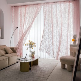 Sutuo Home - Juego de 2 paneles de cortinas de encaje rosa de 96 pulgadas de largo, color rubor, flores transparentes, paneles de gasa clásico, par de tratamiento para recámara, sala de estar/cocina,