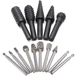 Saipor 5pcs 1/4" Shank Rotary Rasp File Burr Set Woodworking Chisel Shaped Rotating Embossed Grinding Head and 10pcs 1/8" Shank HSS Routing Router Bits Burr Wood Carving Drill Bits Set